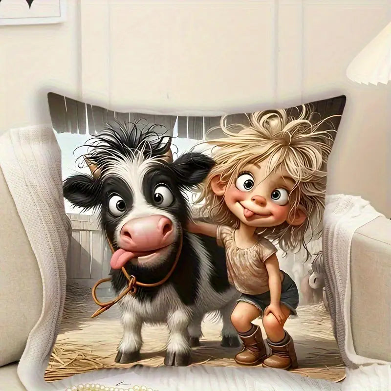 Load image into Gallery viewer, TMPL140 - 1 Piece - 18&quot; x 18&quot; Crazy Cow &amp; Girl Throw Pillow
