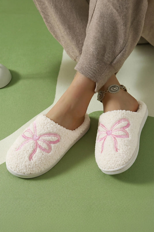 DLLSHOE 182 - White Soft Plush Embroidered Bow Detail Winter Slippers