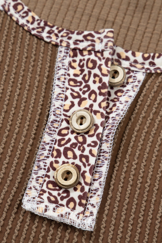 DLLS267 - Ladies Dark Khaki Twisted Ribbed Leopard Lace Contrast Patchwork Long Sleeve Top