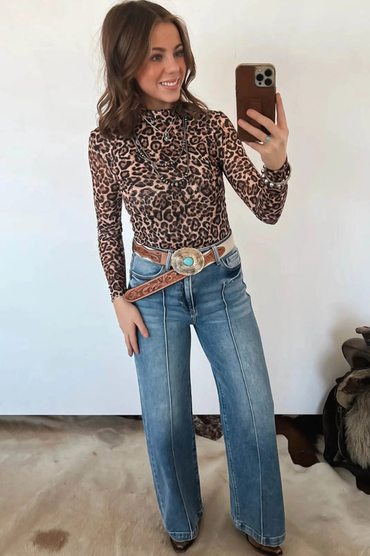 DLLS768 - Ladies Khaki Leopard High Neck Long Sleeve Western Slim Top