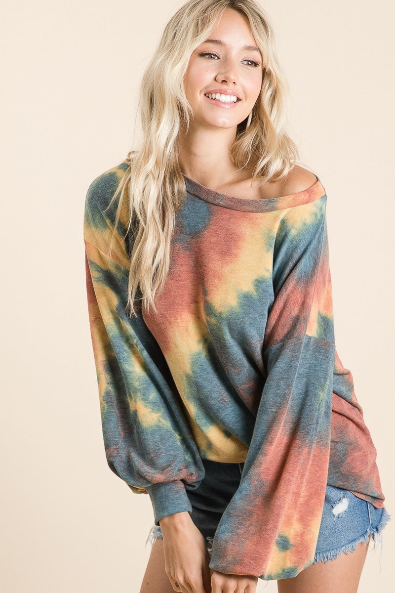 Load image into Gallery viewer, BIBI2- Ladies Tie Dye French Terry Knit Top With Balloon Sleeves
