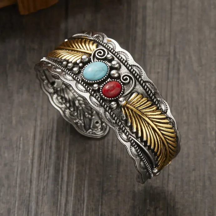 TMBC33 - Open Bracelet w/Stones & Gold Leaves