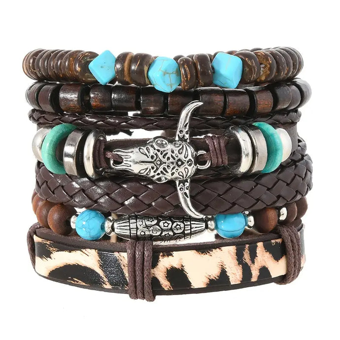TMBC55 - 6 Piece PU Leather Bracelet Set W/Steer Head & Beads