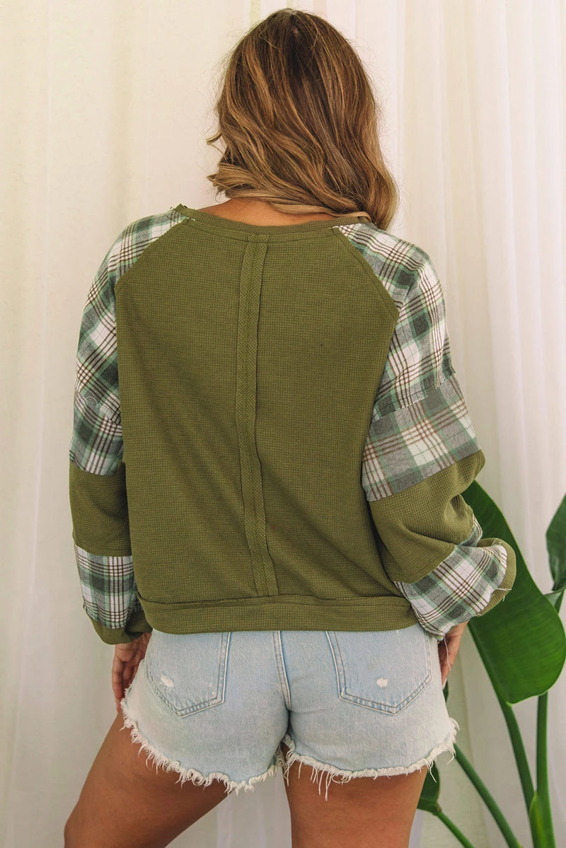Load image into Gallery viewer, DLLS1145 - Ladies Green Plaid Patch Waffle Knit Exposed Seam Bubble Sleeve Top
