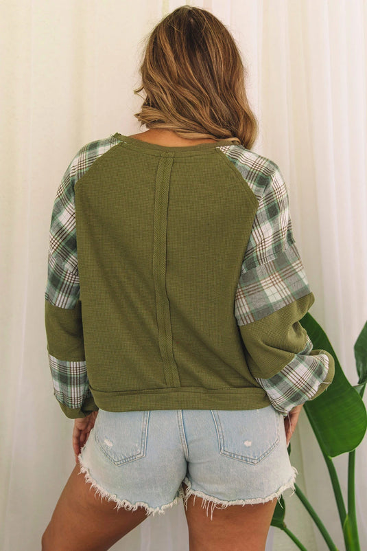 DLLS1145 - Ladies Green Plaid Patch Waffle Knit Exposed Seam Bubble Sleeve Top