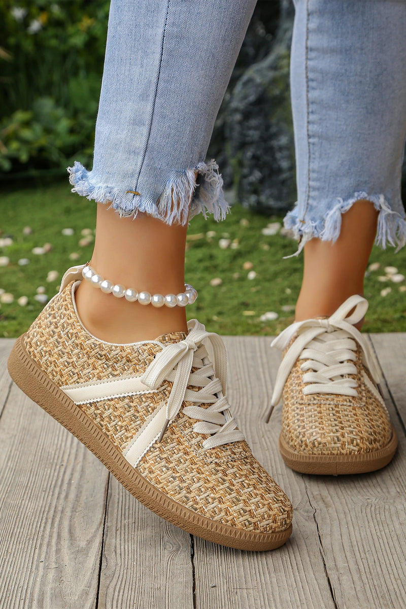 Load image into Gallery viewer, DLLSHOE 90 - Gold Stylish Woven Lace Up Flat Shoes
