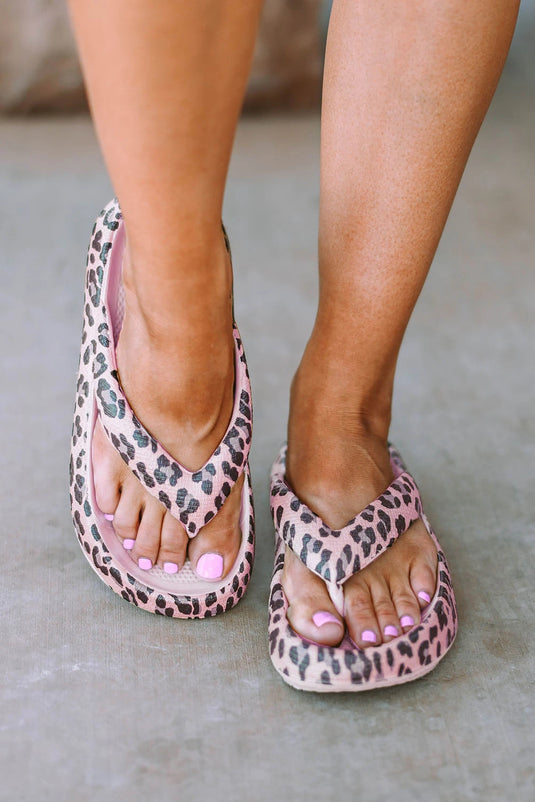 DLLSHOE 23 - Pink Leopard Print Thick Sole Flip Flops