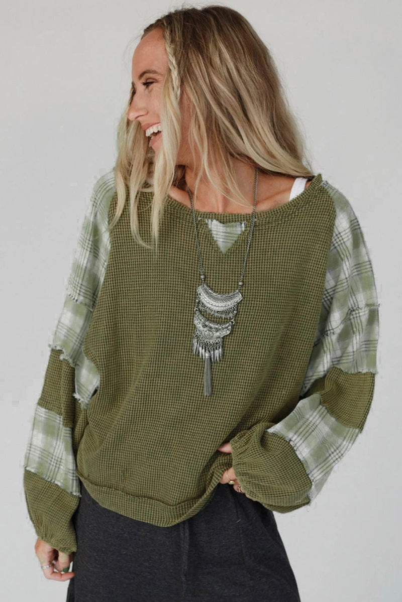 Load image into Gallery viewer, DLLS1145 - Ladies Green Plaid Patch Waffle Knit Exposed Seam Bubble Sleeve Top
