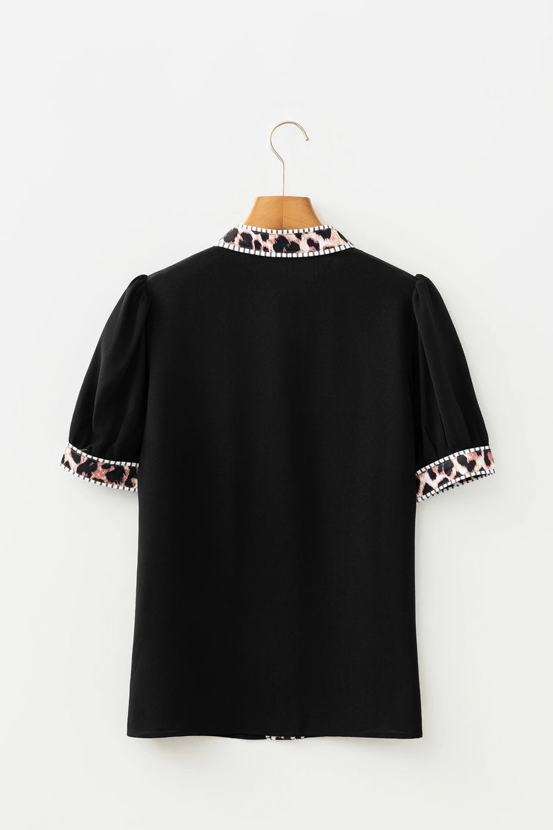 Load image into Gallery viewer, DLLS461 - Ladies Black V Neck Short Puff Sleeve Leopard Trim Button Down Shirt

