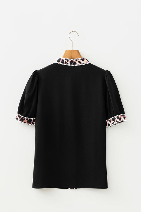 DLLS461 - Ladies Black V Neck Short Puff Sleeve Leopard Trim Button Down Shirt