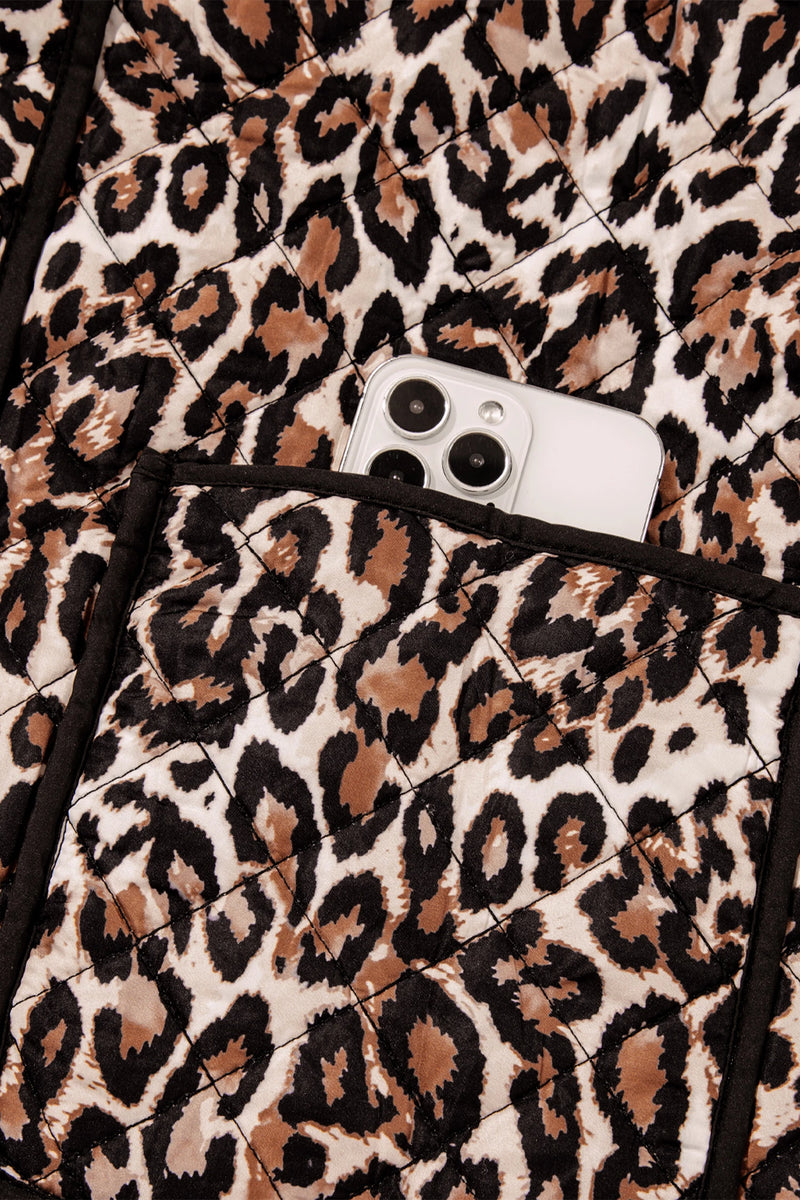 Load image into Gallery viewer, DLLS997 - Ladies Brown Leopard Print Quilted Button Front Patch Pockets Jacket
