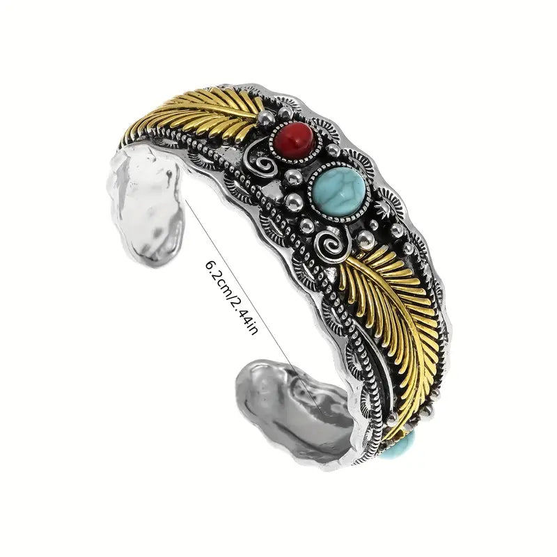 Load image into Gallery viewer, TMBC33 - Open Bracelet w/Stones &amp; Gold Leaves
