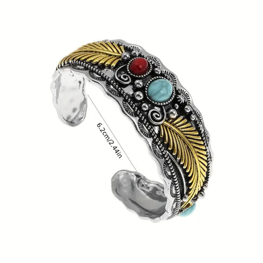 TMBC33 - Open Bracelet w/Stones & Gold Leaves