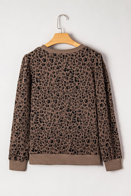 DLLS123 - Ladies Brown Ribbed Trim Leopard Print Long Sleeve Top