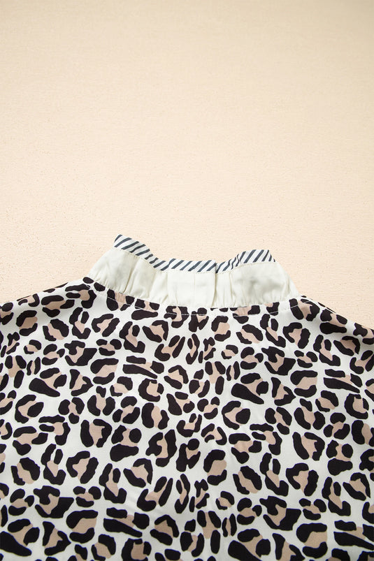 DLLS368 - Ladies Black Leopard Print Striped Ruffled Color Block Trim V Neck Short Sleeve Blouse