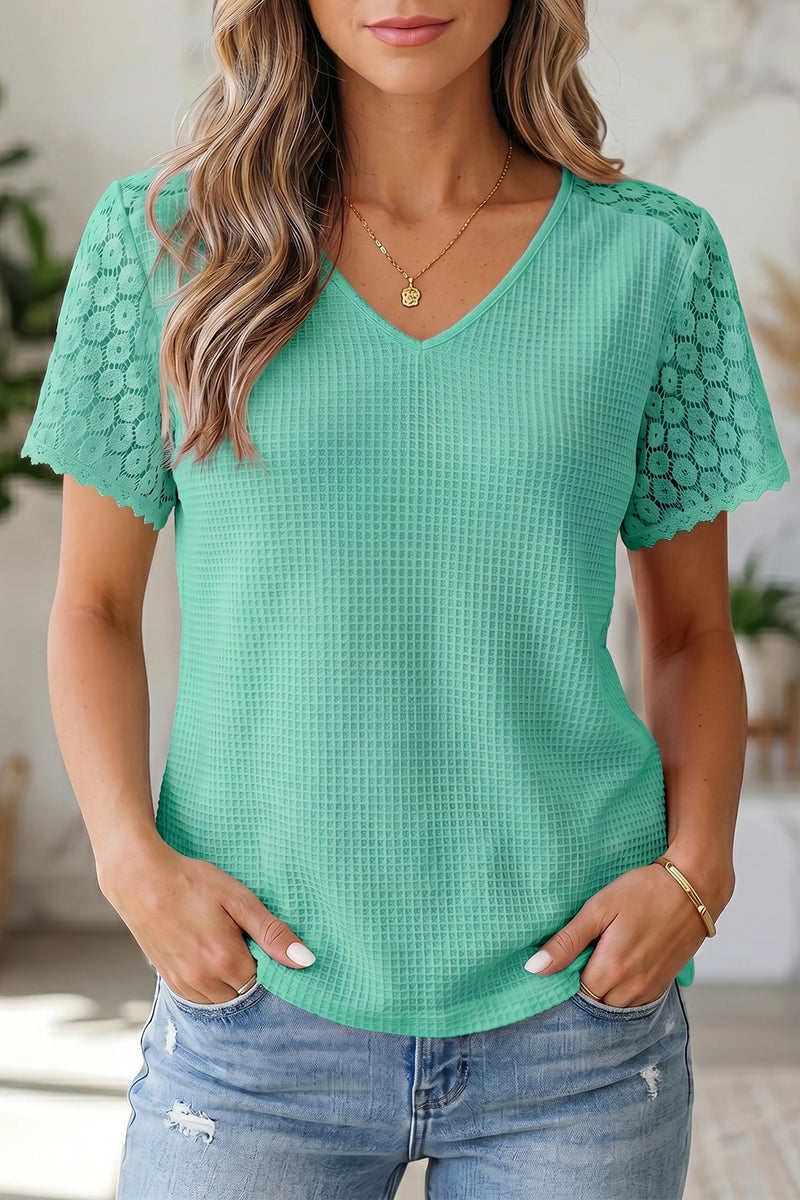 Load image into Gallery viewer, DLLS702 - Ladies Mint Green Lace Splicing Button Cutout V Neck Waffle Knit Blouse
