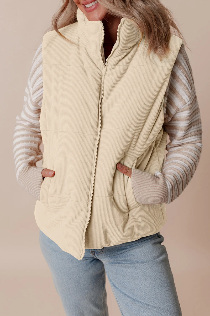Load image into Gallery viewer, DLLS256 - Ladies Beige Corduroy Stand Neck Zipped Puffer Vest
