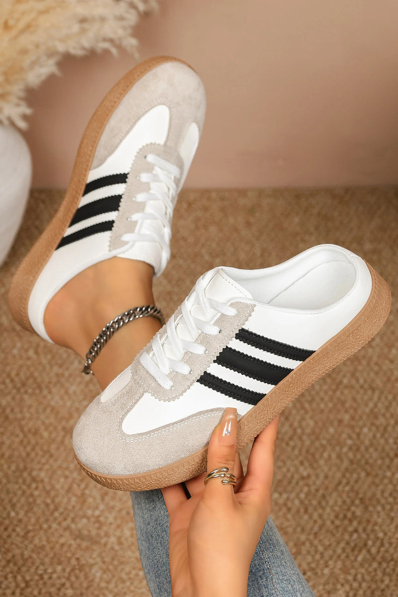 Load image into Gallery viewer, DLLSHOE 147 - White PU Leather Color Block Varsity Lace Up Flat Shoes
