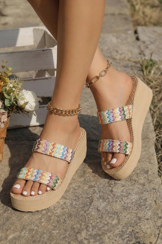 DLLSHOE 71  - Parchment Colorful Woven Double Straps Boho Wedge Slippers