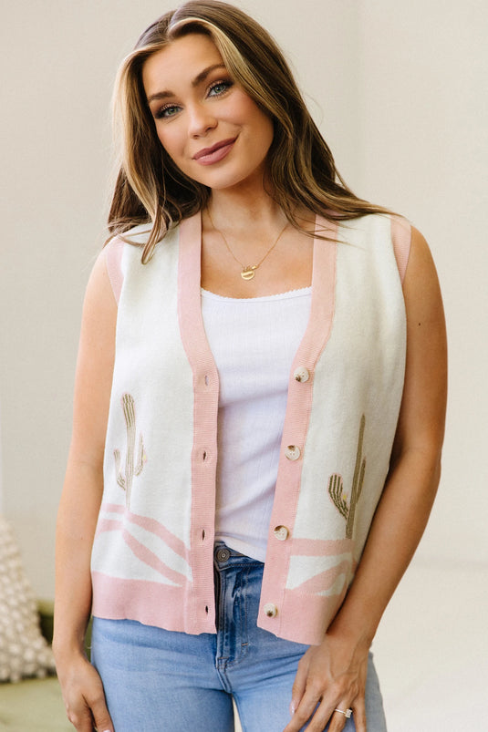 DLLS716 - Ladies Pink Color Block Trim Button Front Cactus Pattern Western Sweater Vest