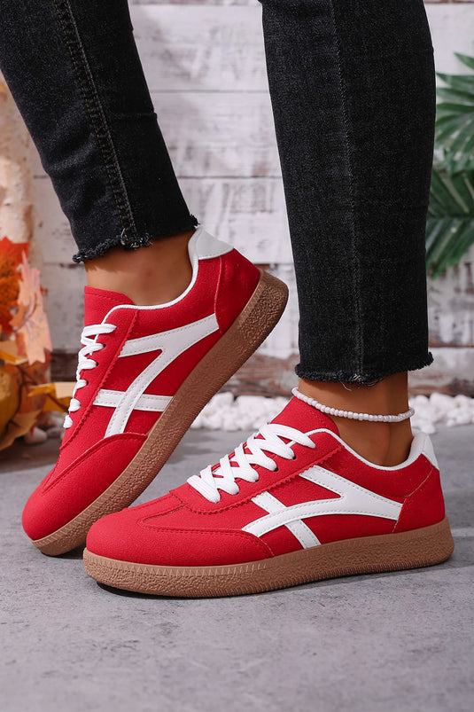 DLLSHOE 201 - Racing Red Faux Suede Contrast Patchwork Detail Lace Up Flat Sneakers