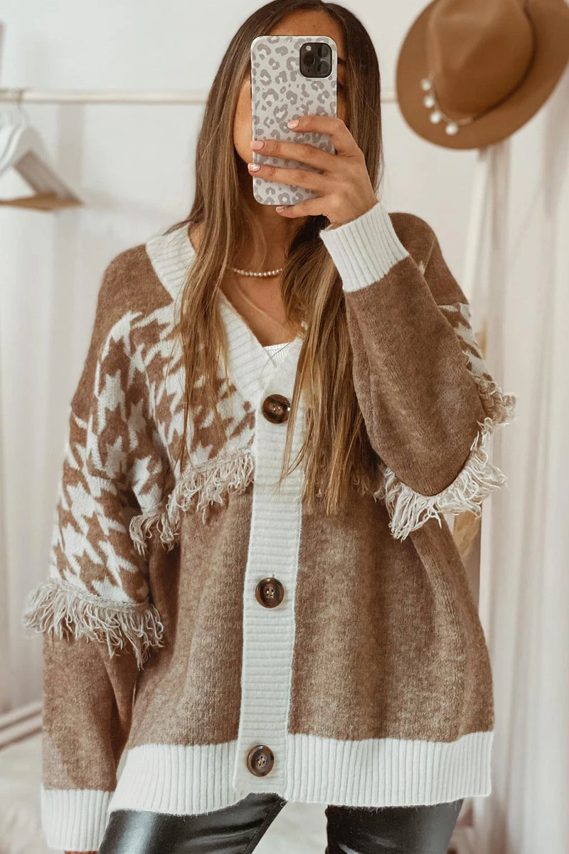 Load image into Gallery viewer, DLLS254 - Ladies Khaki Houndstooth Color Block V Neck Raw Edge Button Front Cardigan
