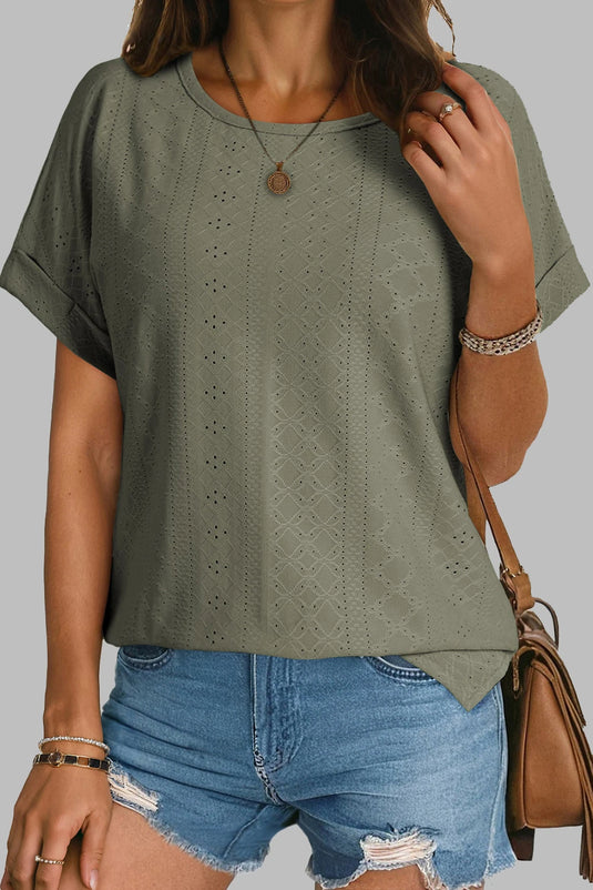 DLLS486 - Ladies Four Leaf Clover Eyelet Jacquard Cuffed Short Sleeve Top
