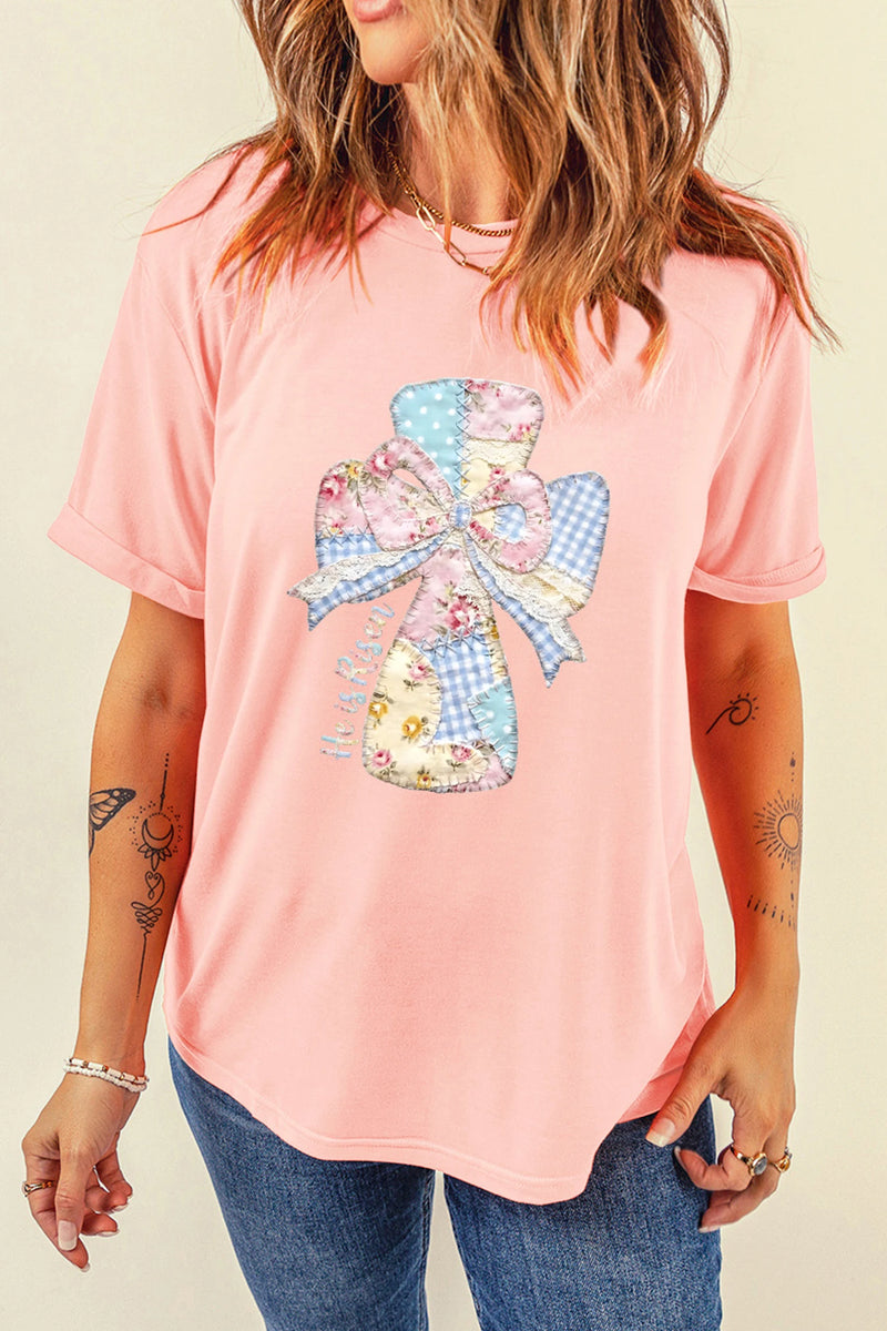 Load image into Gallery viewer, DLLS472 - Ladies Pink He is Risen Patchwork Bow Cross Printed T Shirt
