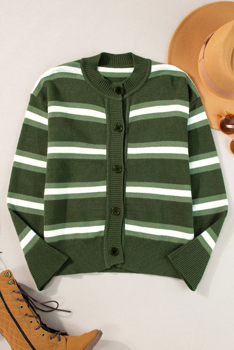 Load image into Gallery viewer, DLLS290 - Ladies Green Stripe Drop Shoulder Buttons Cardigan Sweater
