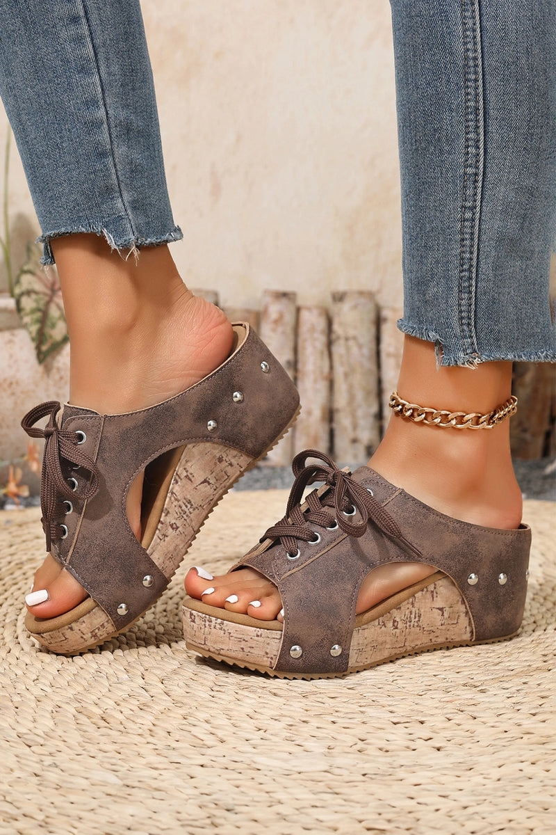 Load image into Gallery viewer, DLLSHOE 81 - Coffee Lace-up Studded Cutout Wedge Platform Slippers
