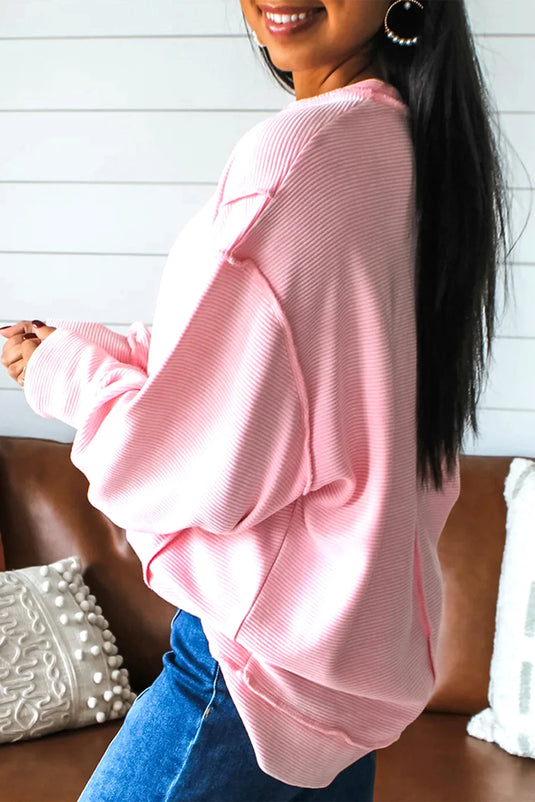 DLLS355 - Ladies Pink Horizontal Ribbed Exposed Seam Detail Long Sleeve Top