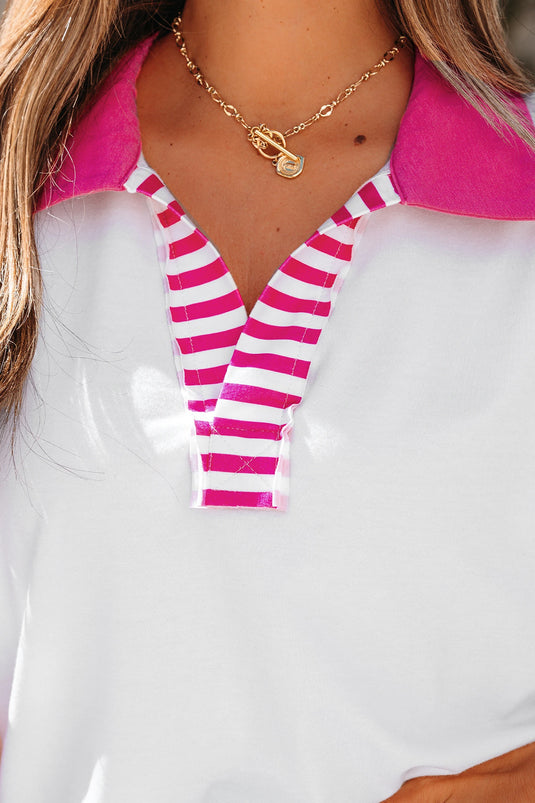 DLLS475 - Ladies White Striped Color Block Patchwork Half Sleeve T Shirt