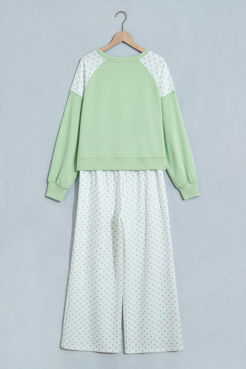 Load image into Gallery viewer, DLLS1088 - Ladies Green Polka Dot Patchwork Colorblock Long Sleeve Casual Two Piece Pants Set
