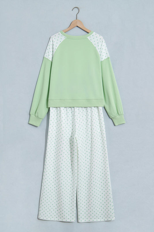 DLLS1088 - Ladies Green Polka Dot Patchwork Colorblock Long Sleeve Casual Two Piece Pants Set