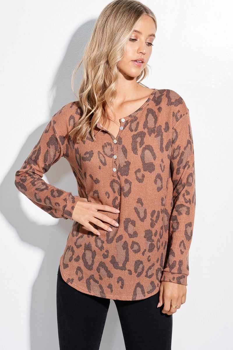 Load image into Gallery viewer, PL4 - Ladies Leopard Print Soft Waffle Long Sleeve Henley Top
