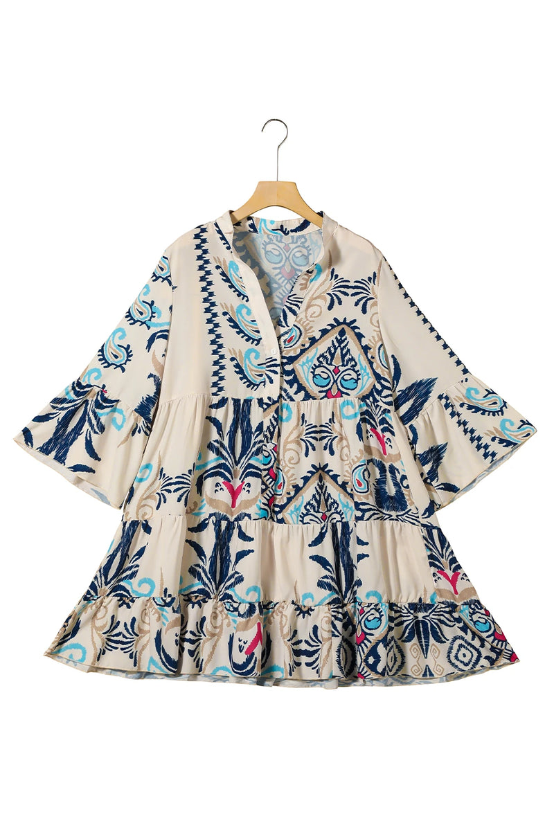 Load image into Gallery viewer, DLLS447 - Ladies White Printed Tribal Bracelet Sleeve Buttoned Mini Dress
