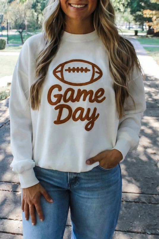DLLS780 - Ladies White Embroidered Game Day Rugby Pattern Crewneck Sweatshirt