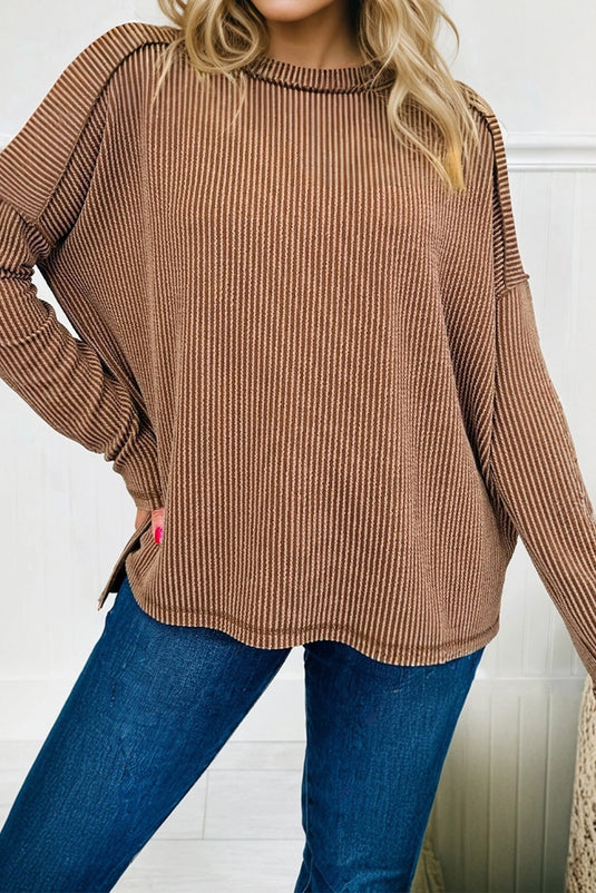 DLLS169 - Ladies Dark Khaki Twist Ribbed Exposed Seam Detail Long Sleeve Loose Top