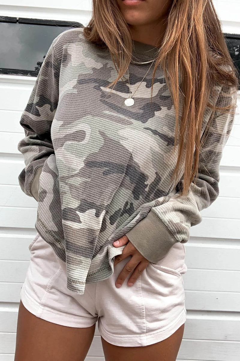 Load image into Gallery viewer, DLLS975 - Ladies Multicolour Western Camo Textured Knit Long Sleeve Top
