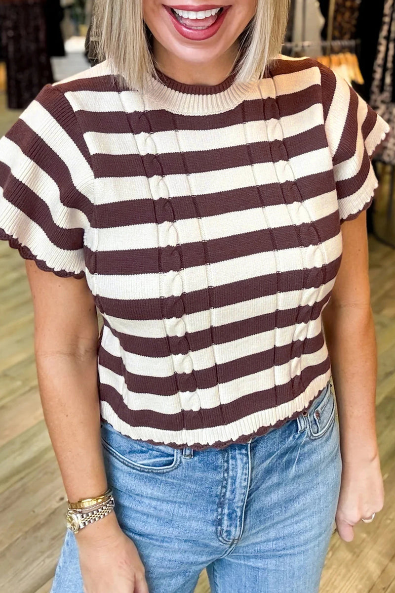 Load image into Gallery viewer, DLLS1151 - Ladies Brown Stripe Ribbed Knit Cable Detail Short Sleeve Sweater
