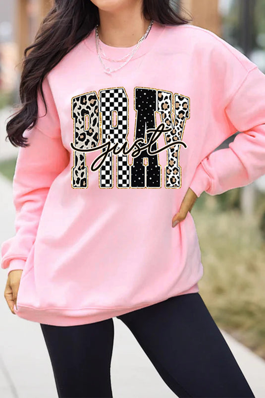 DLLS999 - Ladies Pink Just PRAY Unique Letter Graphic Round Neck Pullover Sweatshirt