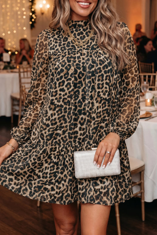 DLLS667 - Ladies Brown Spotted And Chic Leopard Mini Dress