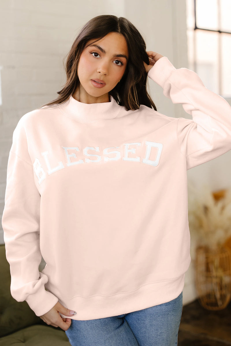 Load image into Gallery viewer, DLLS361 - Ladies Light Pink Oversize Blessed Embroidered Mock Neck Sweatshirt
