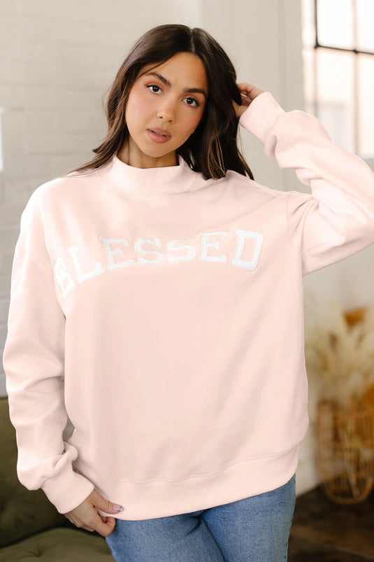 DLLS361 - Ladies Light Pink Oversize Blessed Embroidered Mock Neck Sweatshirt
