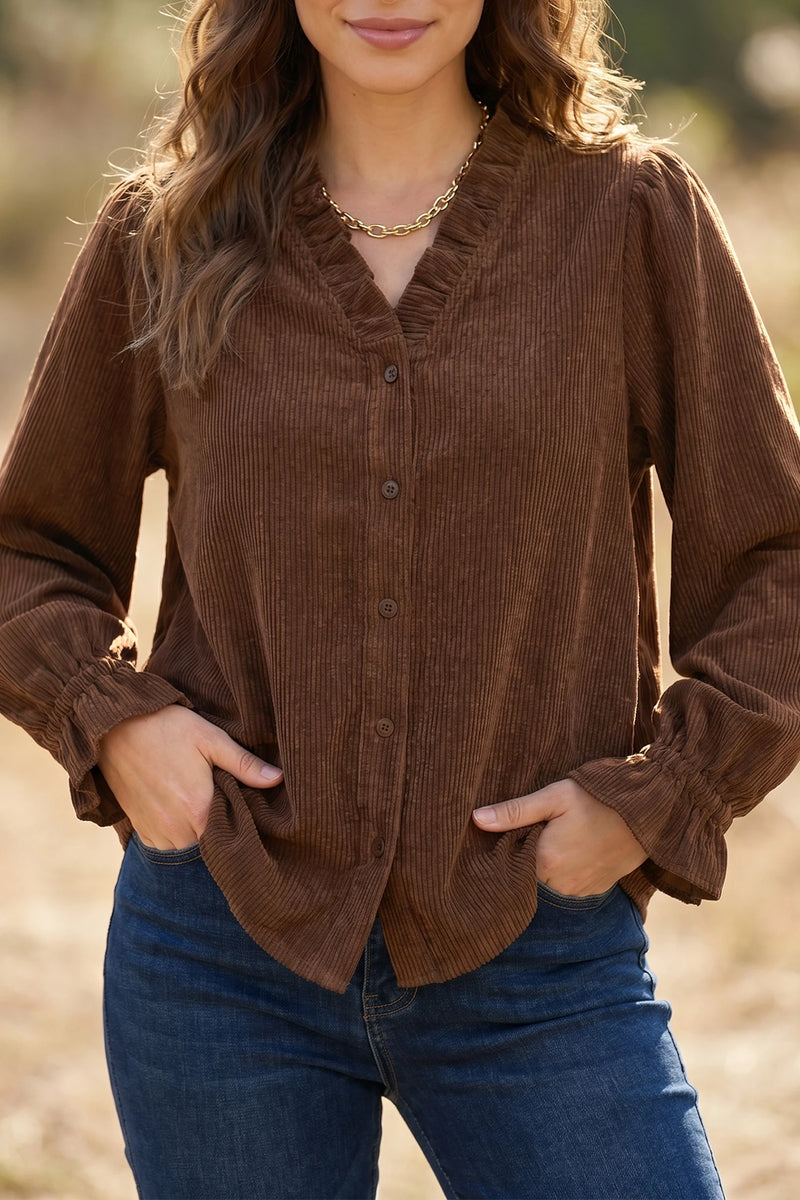 Load image into Gallery viewer, DLLS727 - Ladies Coffee Color Ruffle Trim V Neck Long Sleeve Button Corduroy Shakcet
