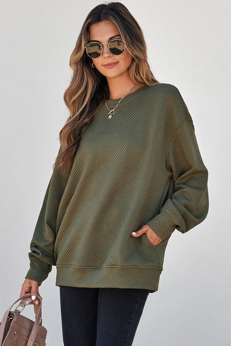 Load image into Gallery viewer, DLLS1133 - Ladies Green Textured Round Neck Drop Shoulder Pullover Sweatshirt
