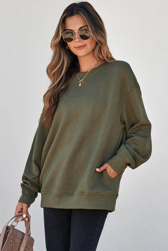 DLLS1133 - Ladies Green Textured Round Neck Drop Shoulder Pullover Sweatshirt