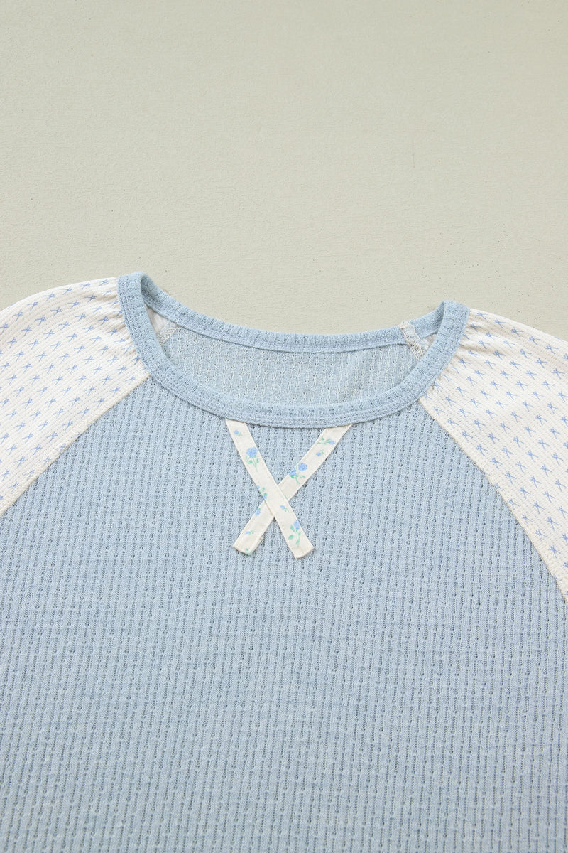 Load image into Gallery viewer, DLLS436 - Ladies Beau Blue Textured Knit Color Block Floral Patchwork Long Sleeve Top

