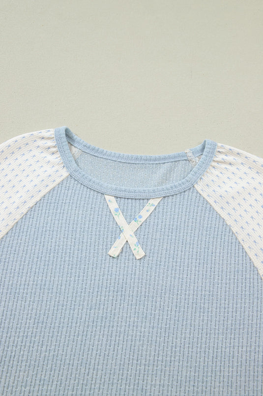DLLS436 - Ladies Beau Blue Textured Knit Color Block Floral Patchwork Long Sleeve Top