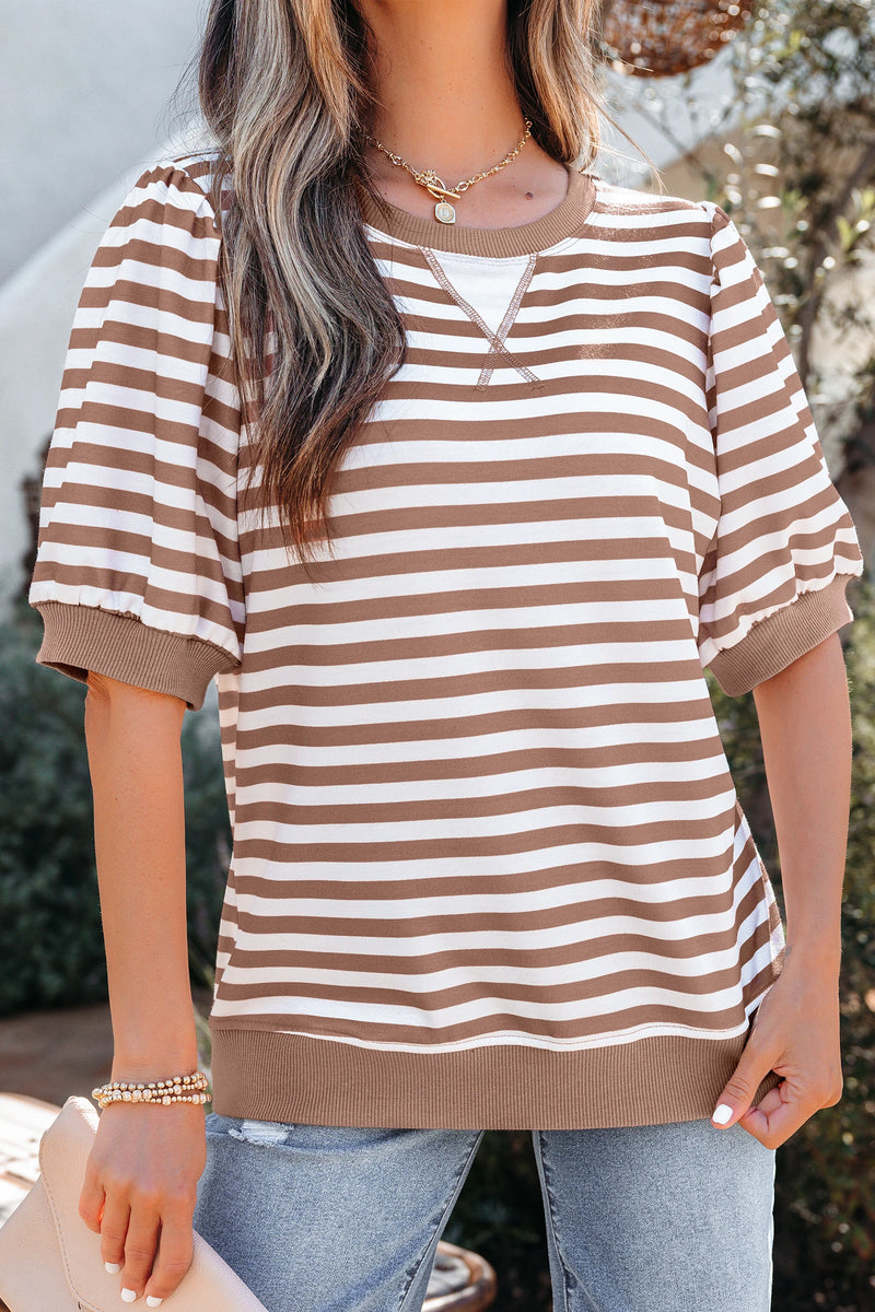 Load image into Gallery viewer, DLLS548 - Ladies Khaki Stripe Short Bubble Sleeve T Shirt
